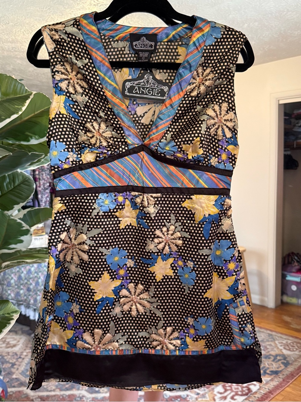 Angie Y2K floral beaded satin blouse